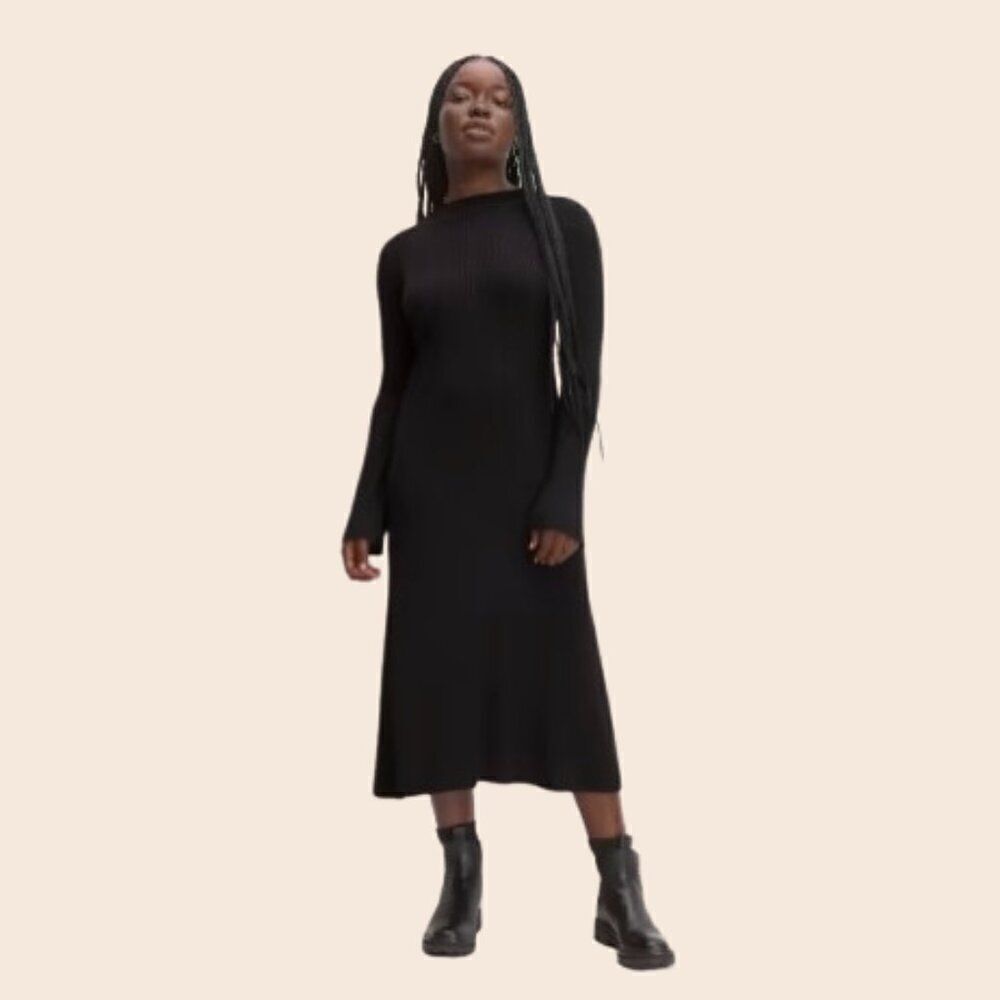 Everlane The Ribbed Mock Neck Black Midi Dress Size M